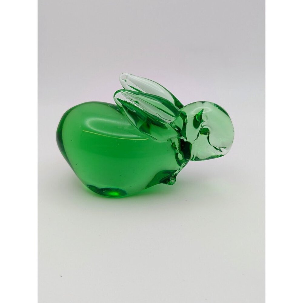 Emerald Green Art Glass Bunny Paperweight Figurine Bubbles Polish Bottom 4”